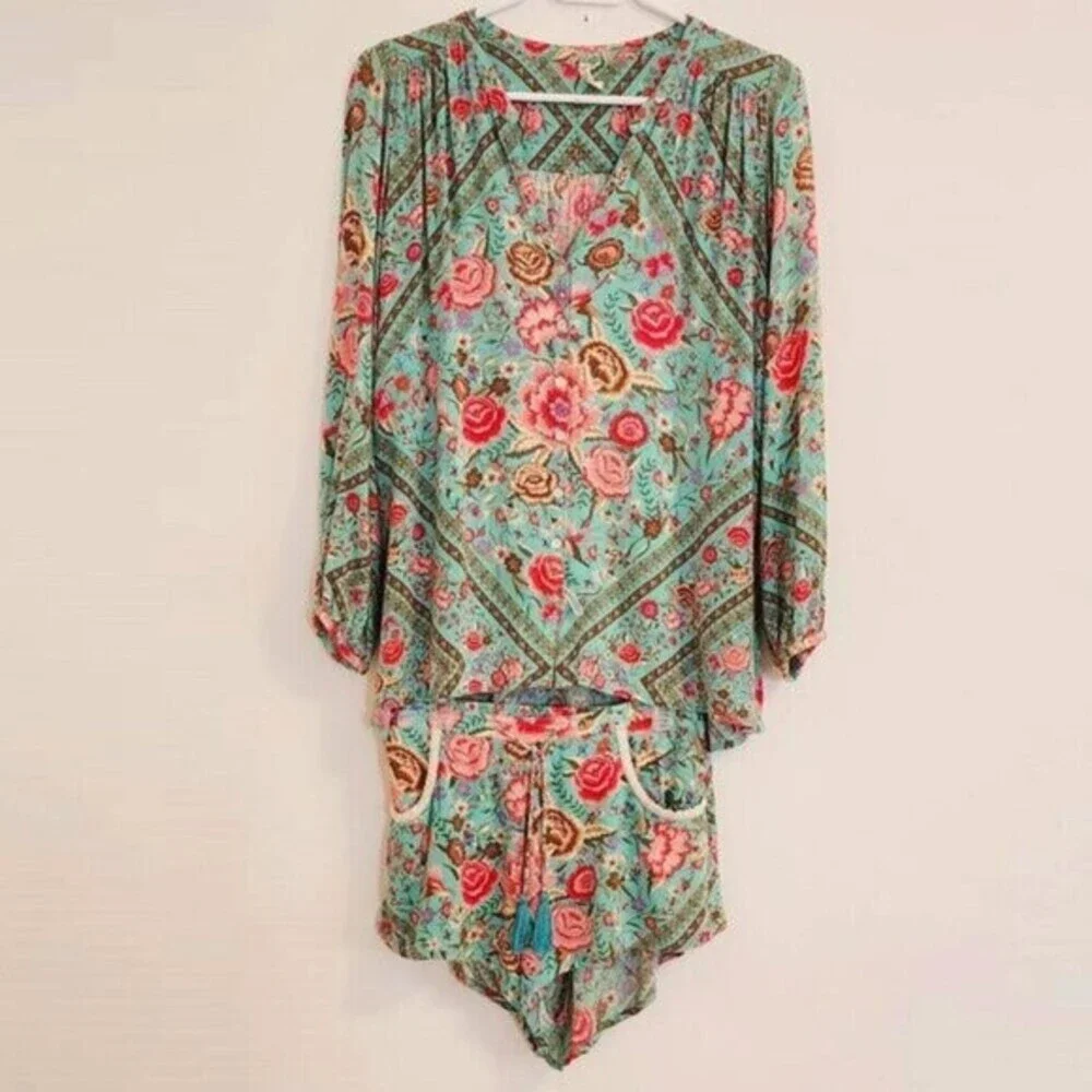Spell & the Gypsy Collective Designs Babushka Turquoise Blouse Shorts XS
